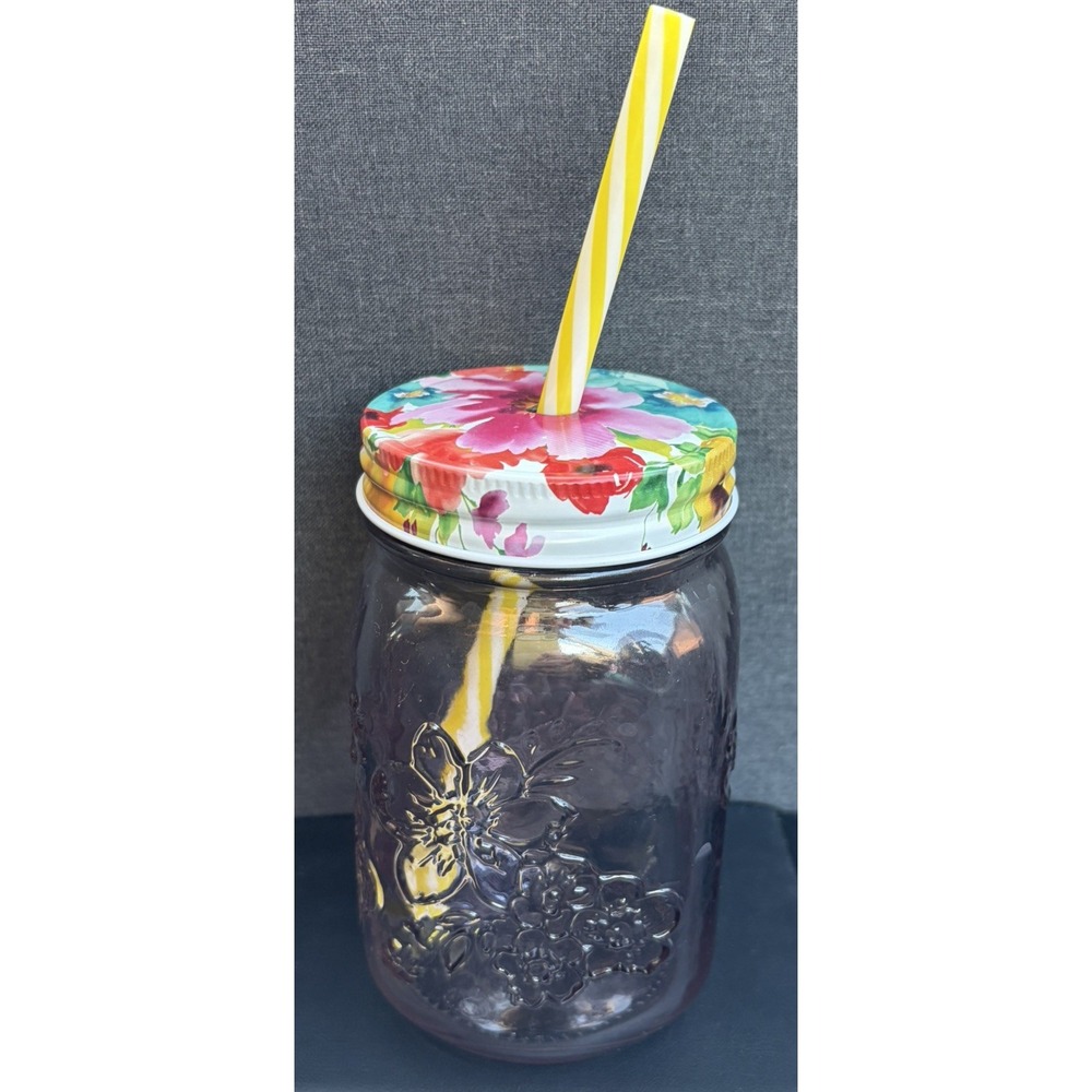 Pioneer Woman 16oz Mason Drinking Glass Jar Lid Straw Sunny Days Green Teal Cup